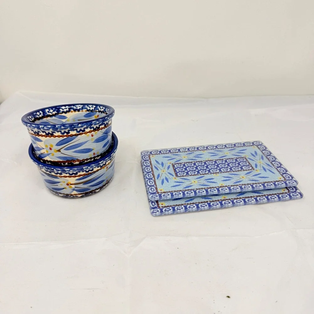 Temp-tations Old World 4pc Set 6oz Ceramic Ramekins & Glass Trivets Blue Floral